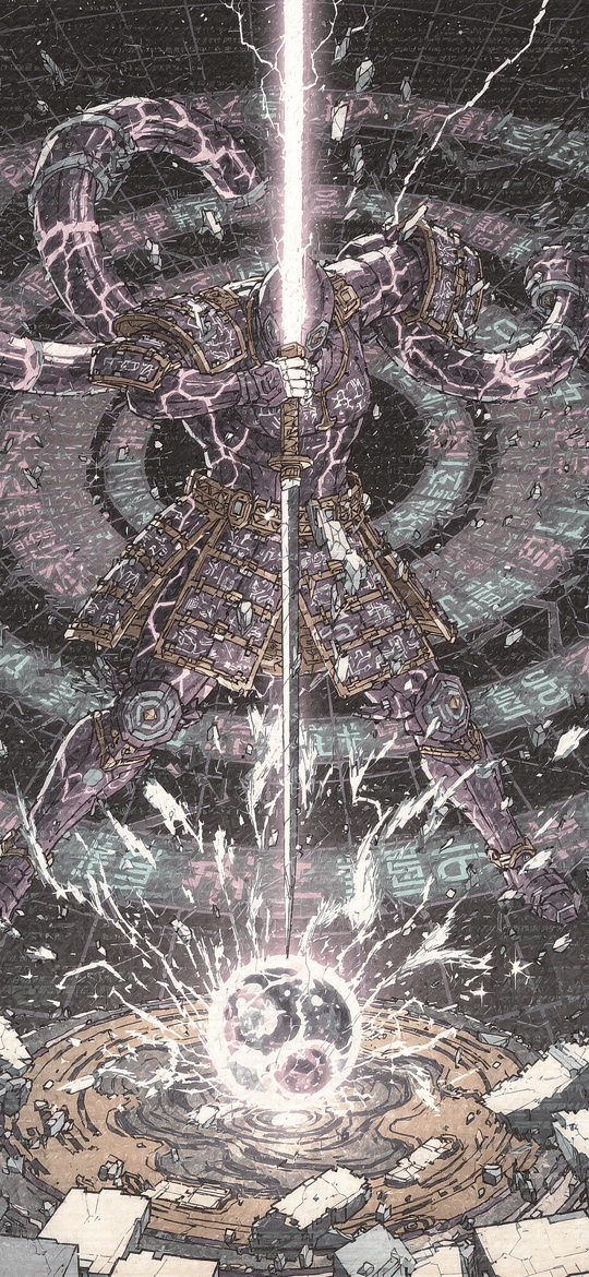 Armored Samurai Raising Luminous Sword in Runic Circle
