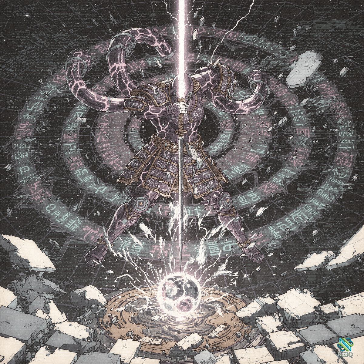 Armored Samurai Raising Luminous Sword in Runic Circle
