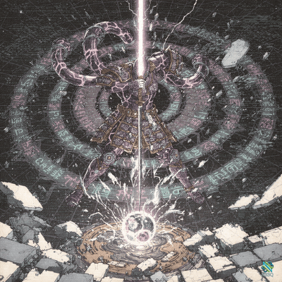 Armored Samurai Raising Luminous Sword in Runic Circle