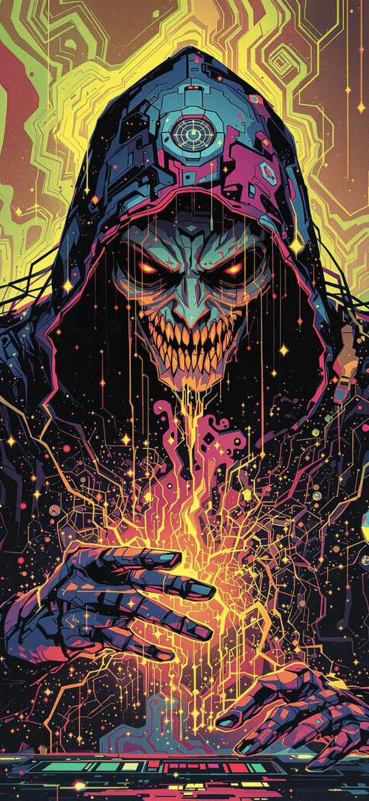 Cybernetic Hooded Figure Conjuring Neon Energy