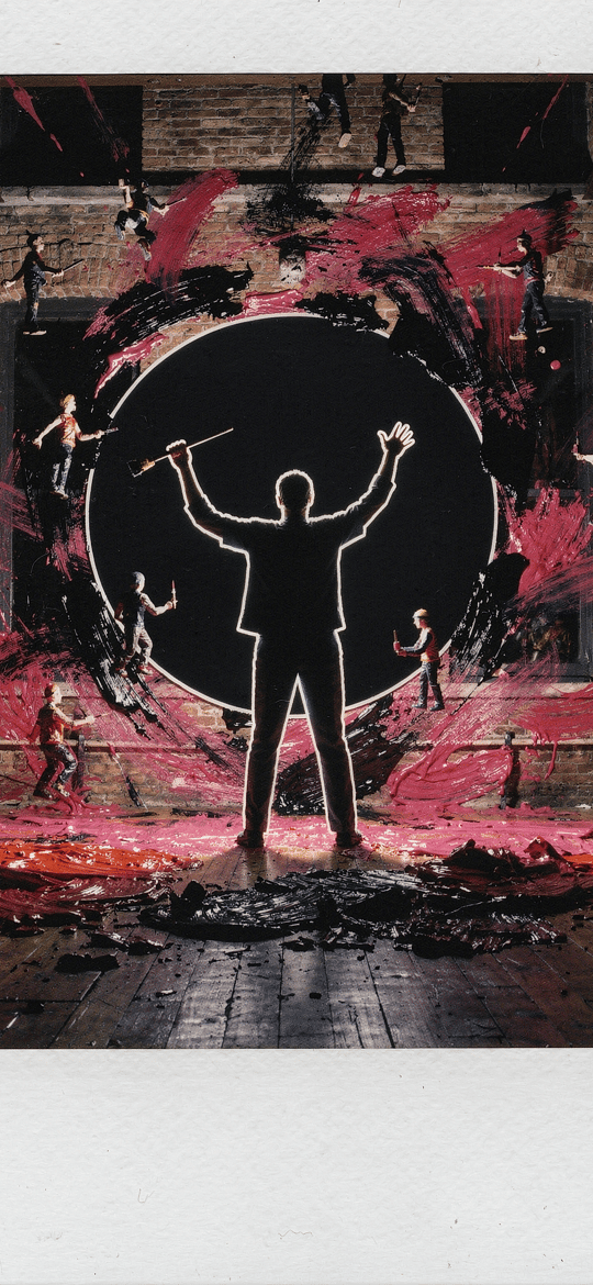 Silhouetted Conductor Amid Musicians in Red-Splattered Hall