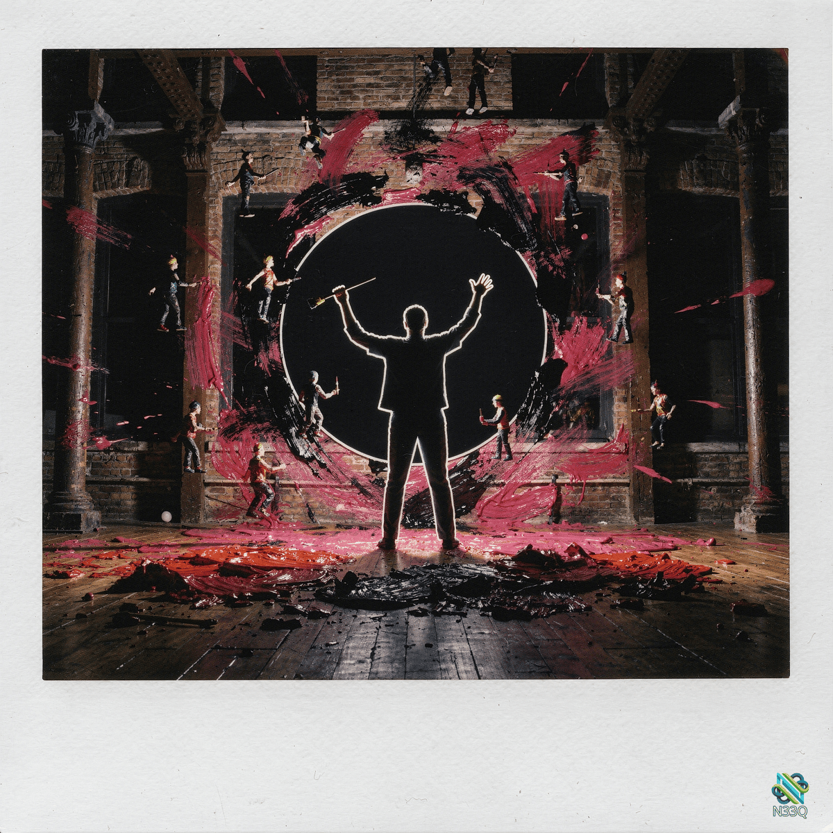 Silhouetted Conductor Amid Musicians in Red-Splattered Hall