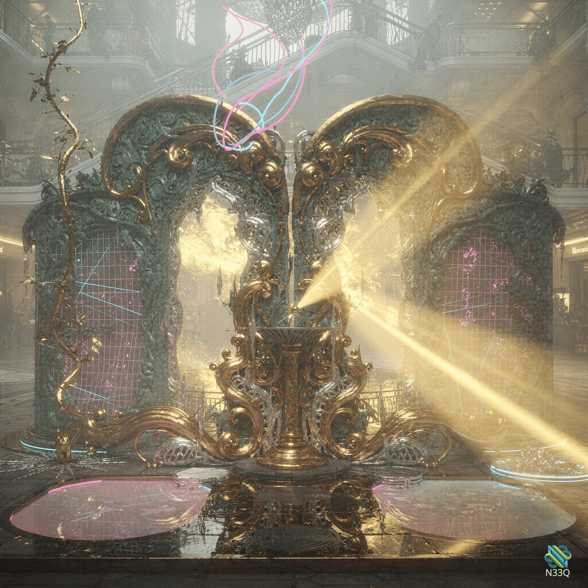 Ornate Golden Winged Fountain in Grand Hall