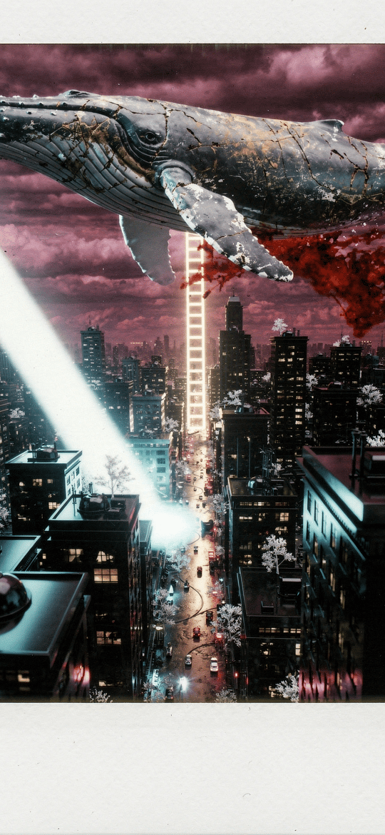 Whale Flying Above a Crimson Night City