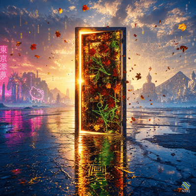 Glowing Door Full of Autumn Leaves on a Wet Plain