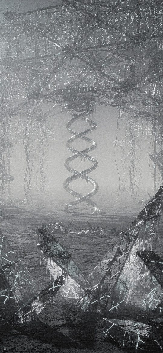 Glowing Crystals Beneath Steel Towers and a DNA Helix