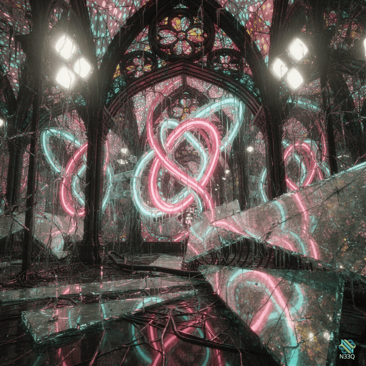Neon Knots in Gothic Cathedral Ruins