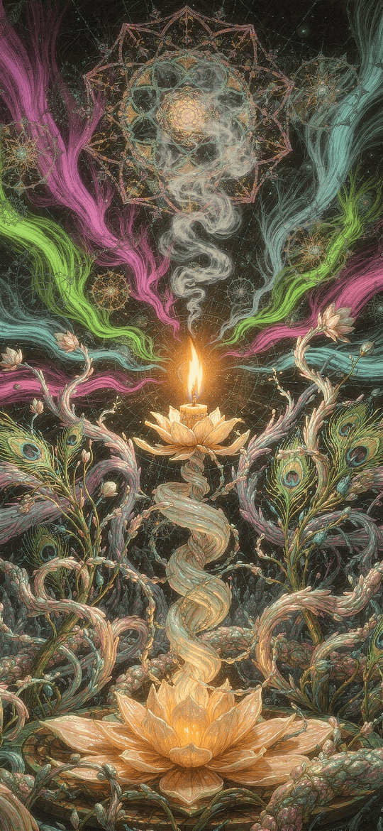 Glowing Lotus Candle with Peacock Feathers