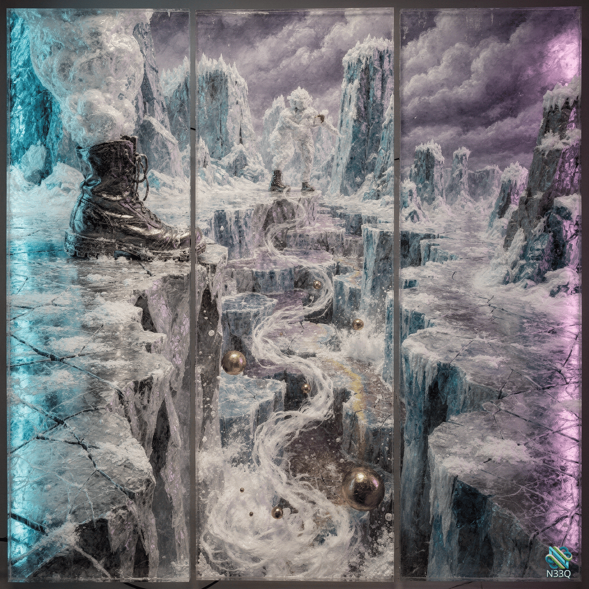 Giant Boot in Surreal Frozen Landscape