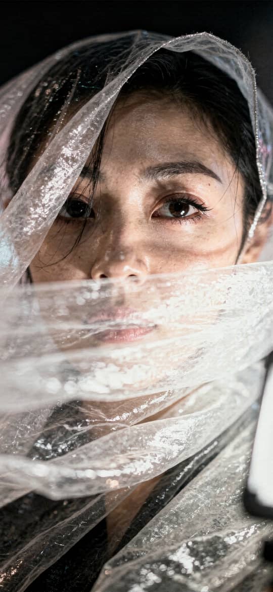 Woman Veiled in Crinkled Plastic at Night