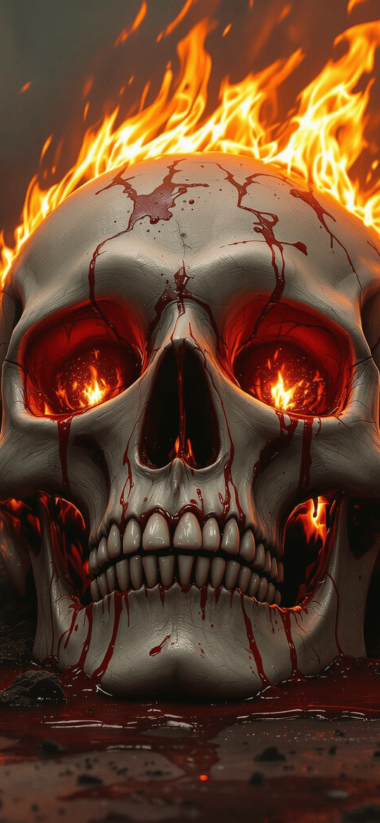 Flaming Skull with Blood and Fire