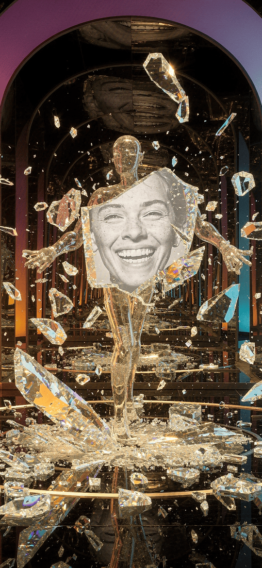 Glass Figure with a Laughing Photo Face Shattering