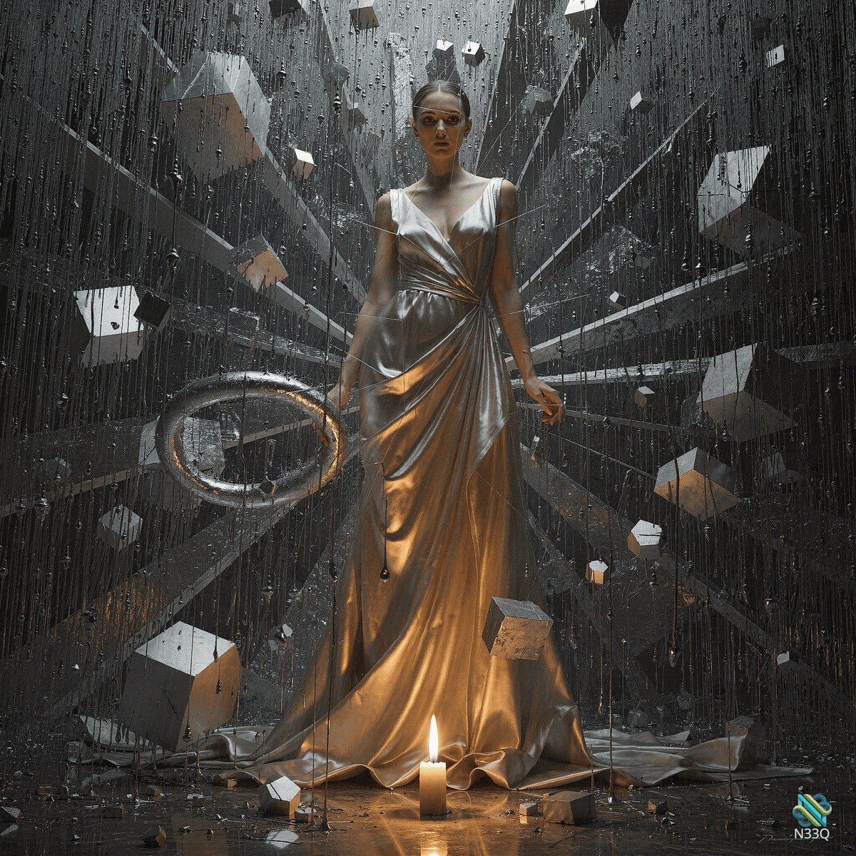 Woman in Metallic Gown Amid Floating Cubes