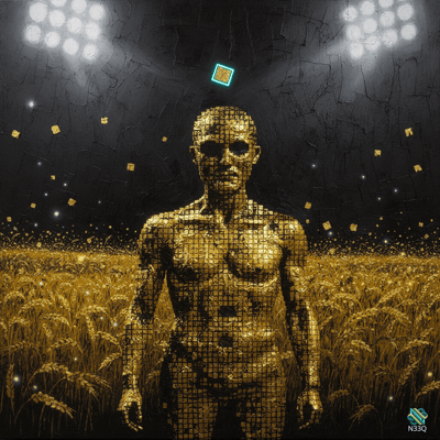 Golden Pixel Figure Standing in a Wheat Field