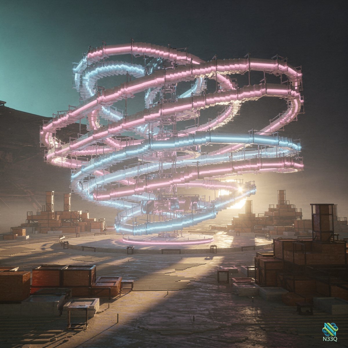 Neon Spiral Structure Over Industrial Wasteland