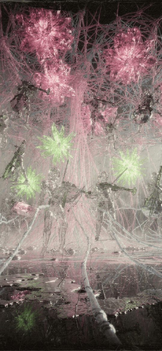 Pink and Green Bursts over Tangled Shadowy Figures