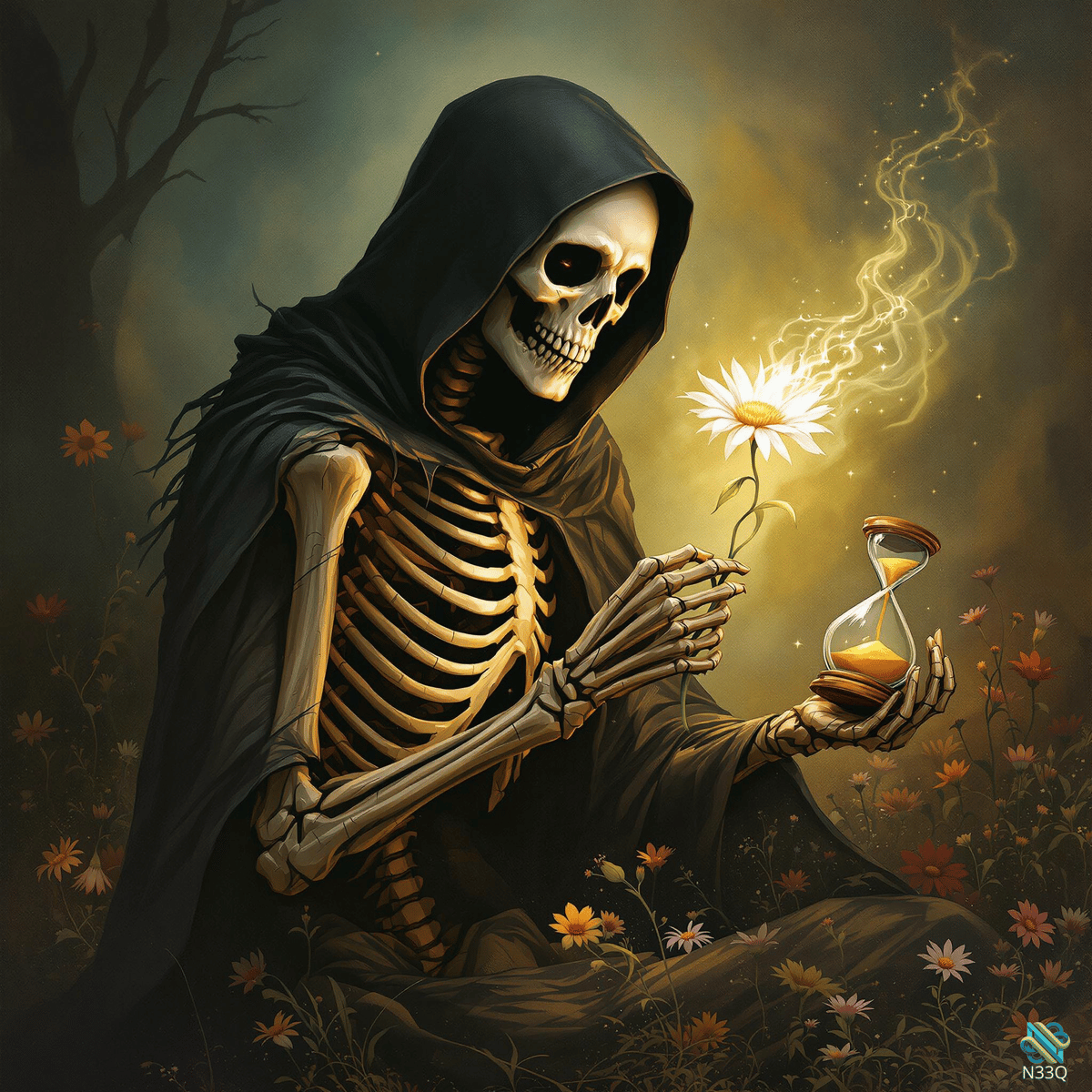 Grim Reaper with Flower and Hourglass