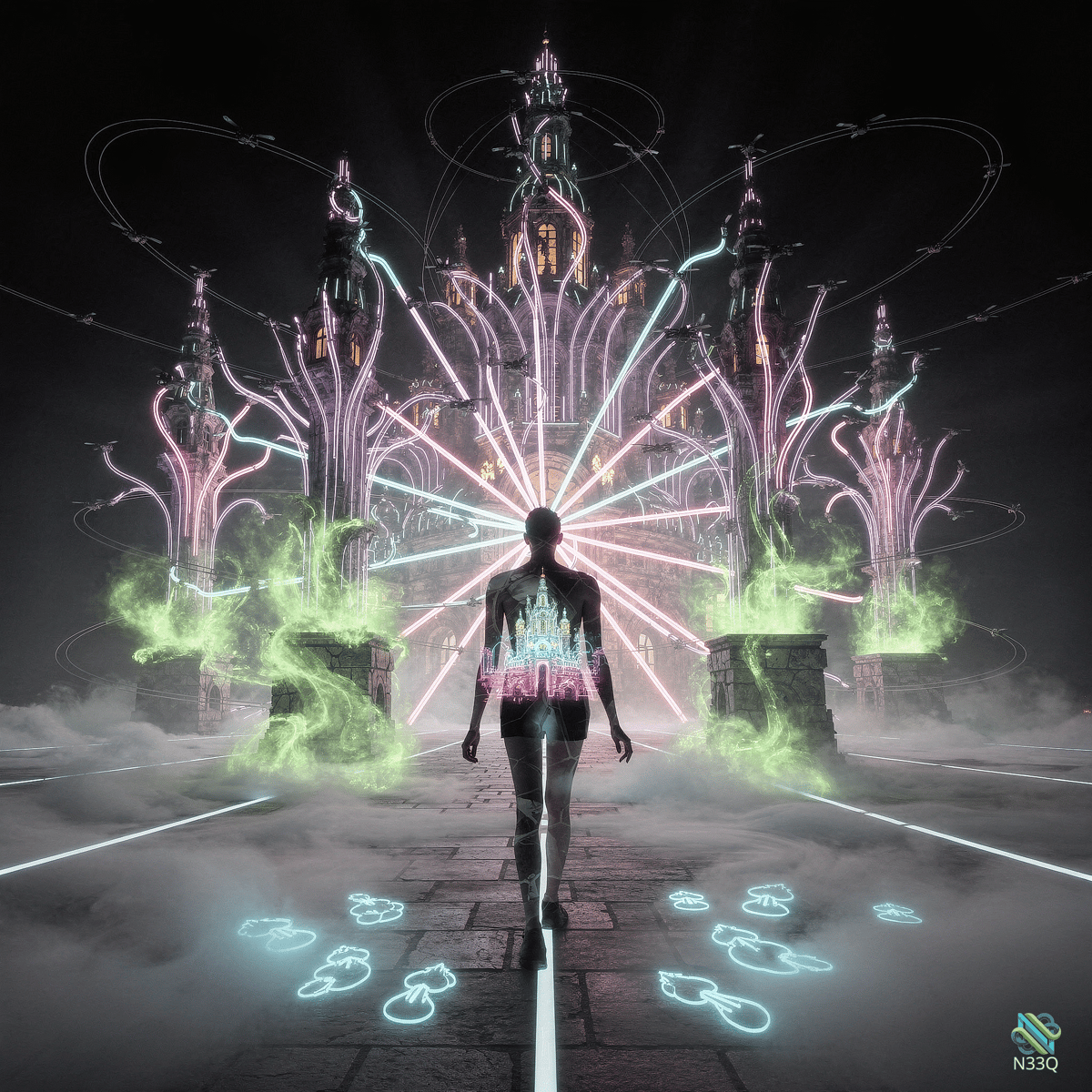 Woman Approaching Neon Fantasy Castle