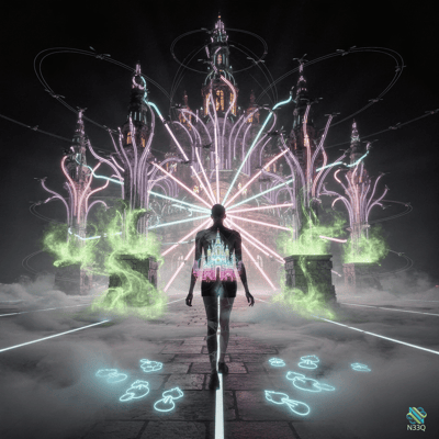 Woman Approaching Neon Fantasy Castle