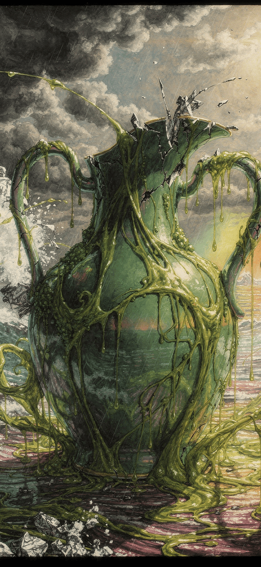 Seaweed-Covered Pitcher in Stormy Rainbow Waves
