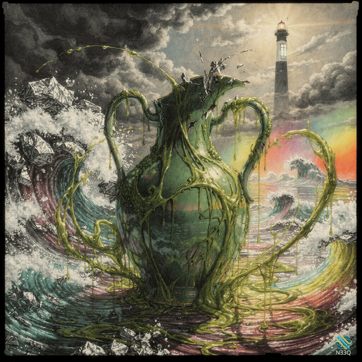 Seaweed-Covered Pitcher in Stormy Rainbow Waves