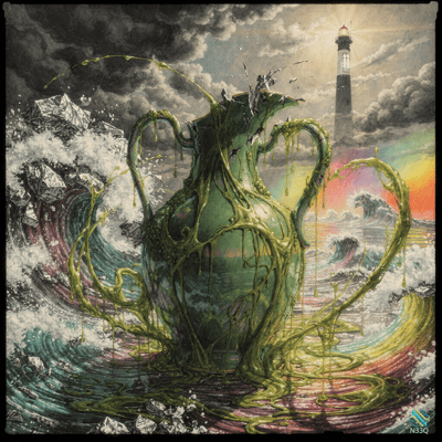 Seaweed-Covered Pitcher in Stormy Rainbow Waves