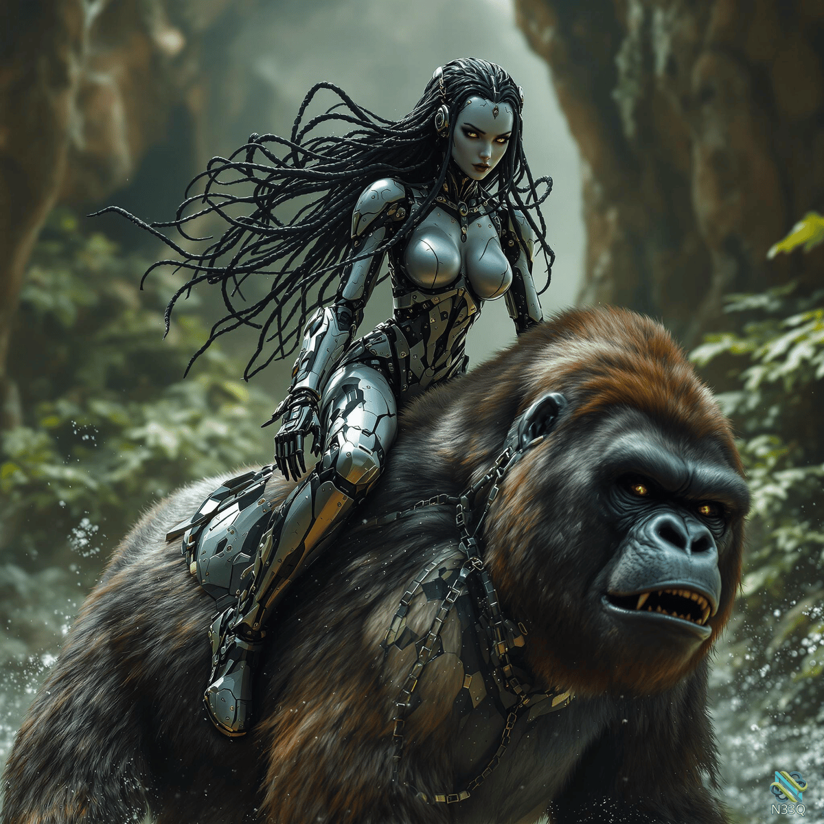 Cyborg Woman Riding Chained Gorilla in Jungle