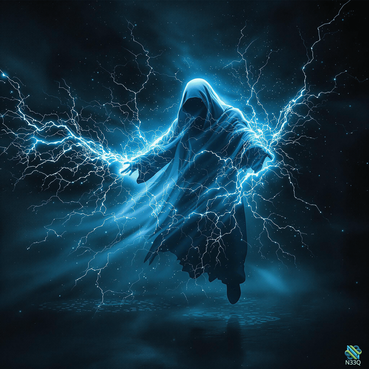 Hooded Phantom Amid Blue Lightning