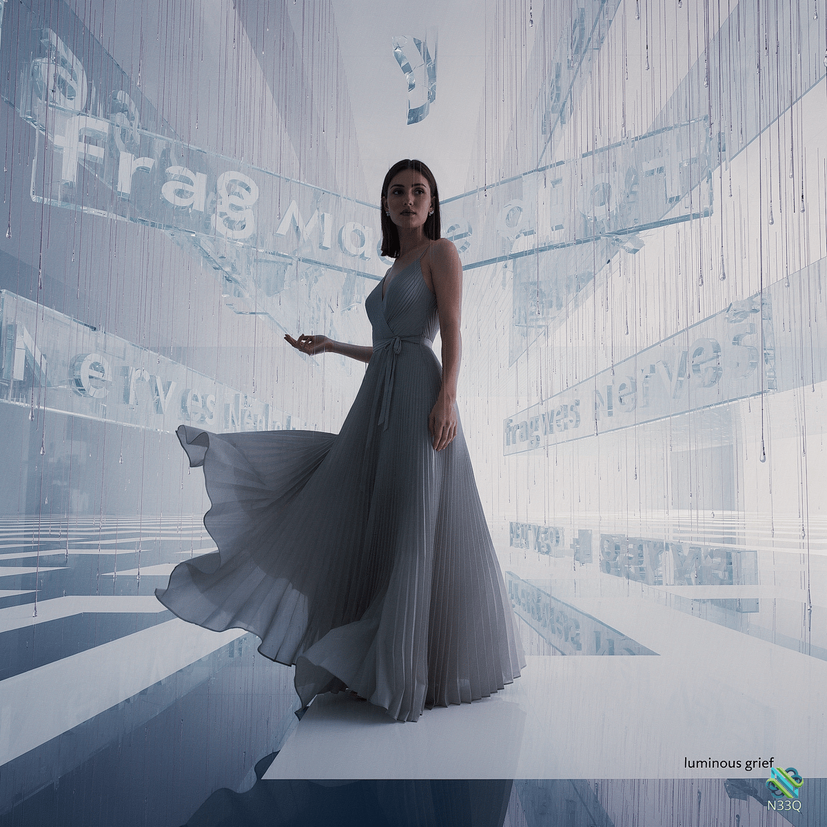 Woman in Gray Gown Amid Digital Fragments