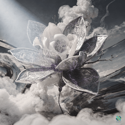 Magnolia Bloom with Circuit-Board Petals in Clouds