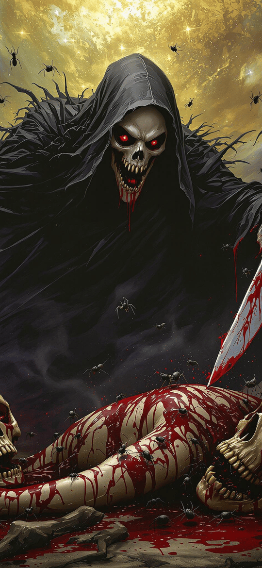 Grim Reaper Over Bloody Skulls