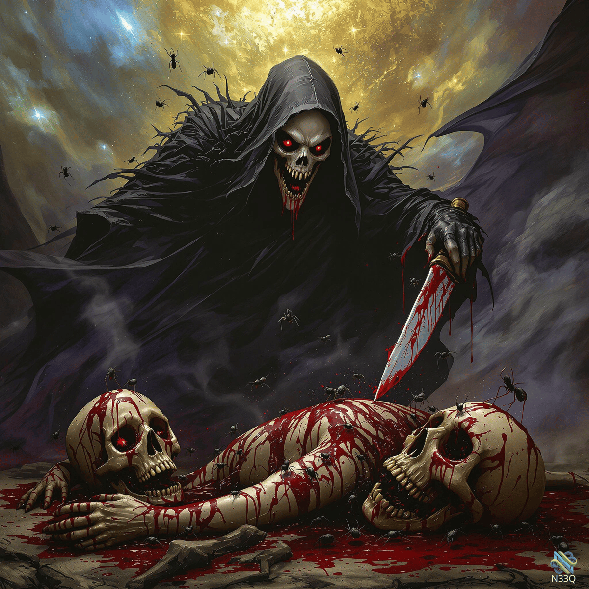 Grim Reaper Over Bloody Skulls