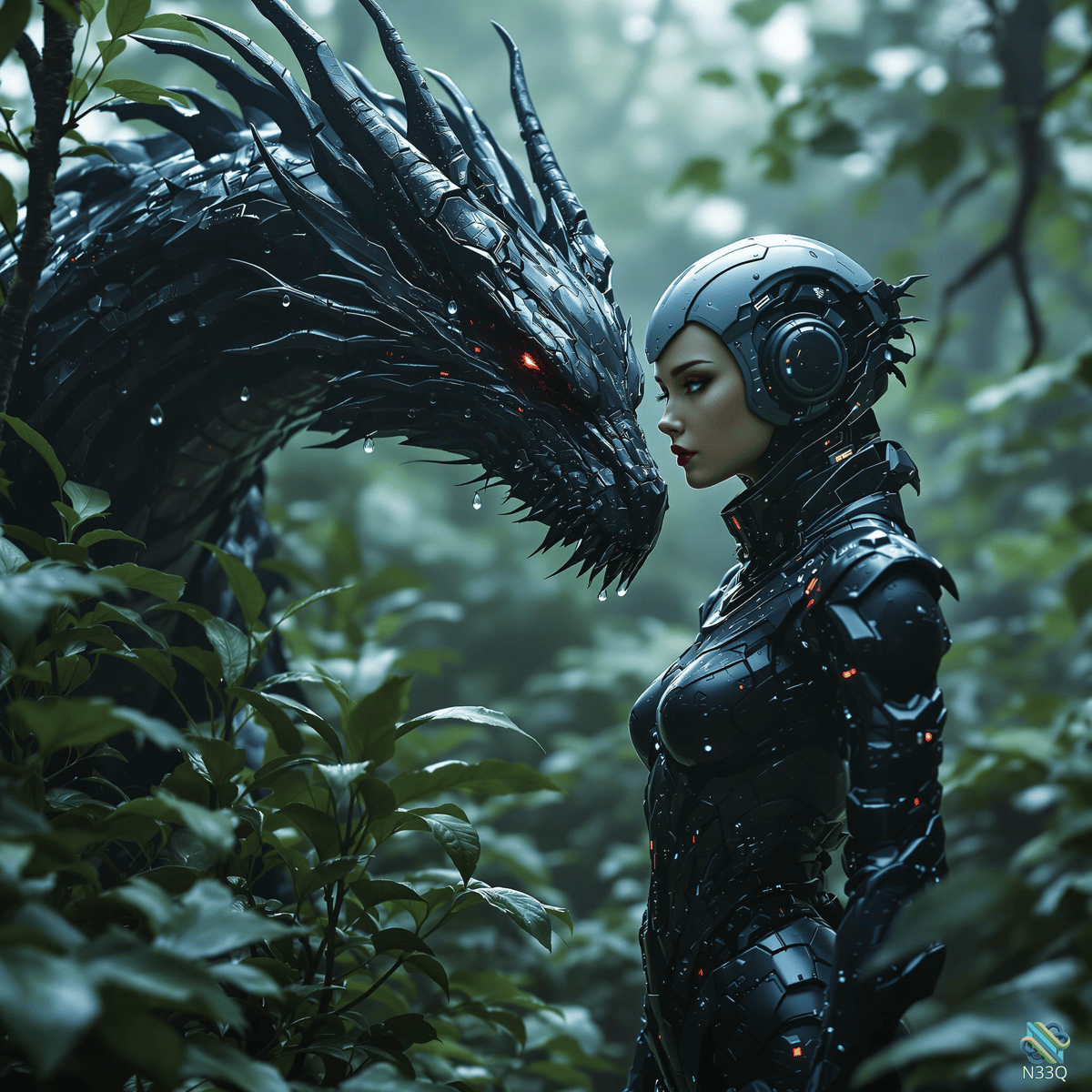 Cyber Woman Facing Black Dragon in Forest