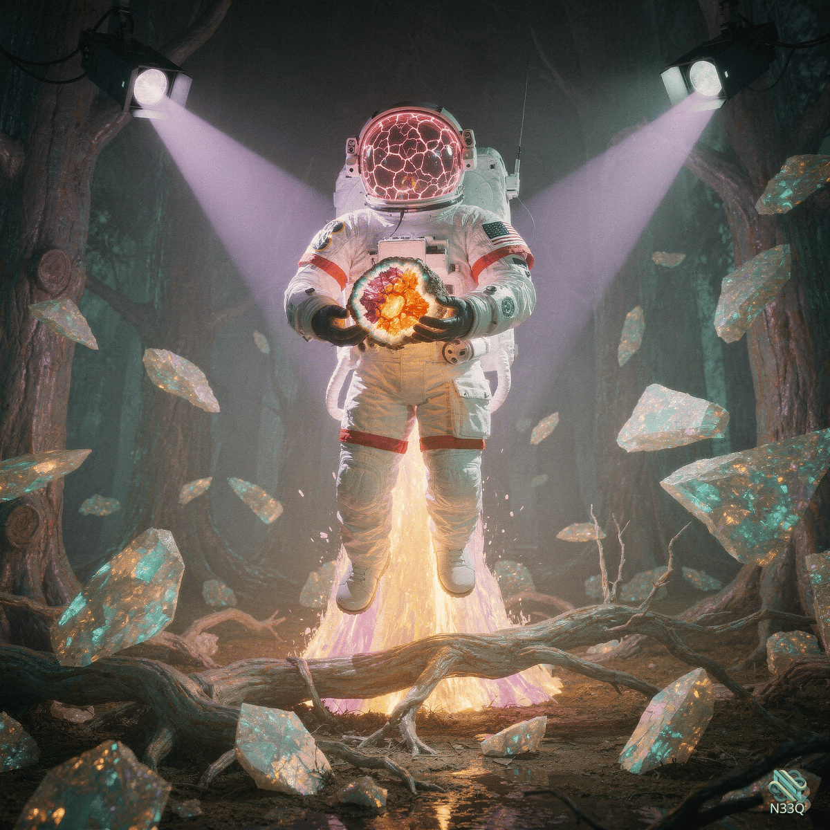 Astronaut Holding Fiery Orb in Dark Forest