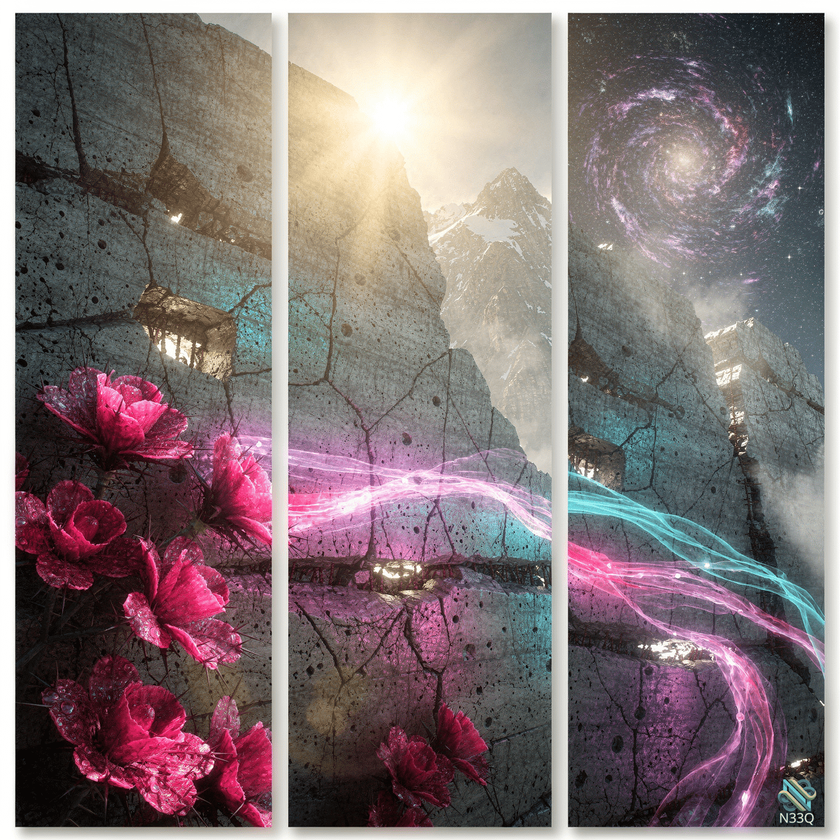 Cracked Mountains with Cosmic Galaxy and Flowers