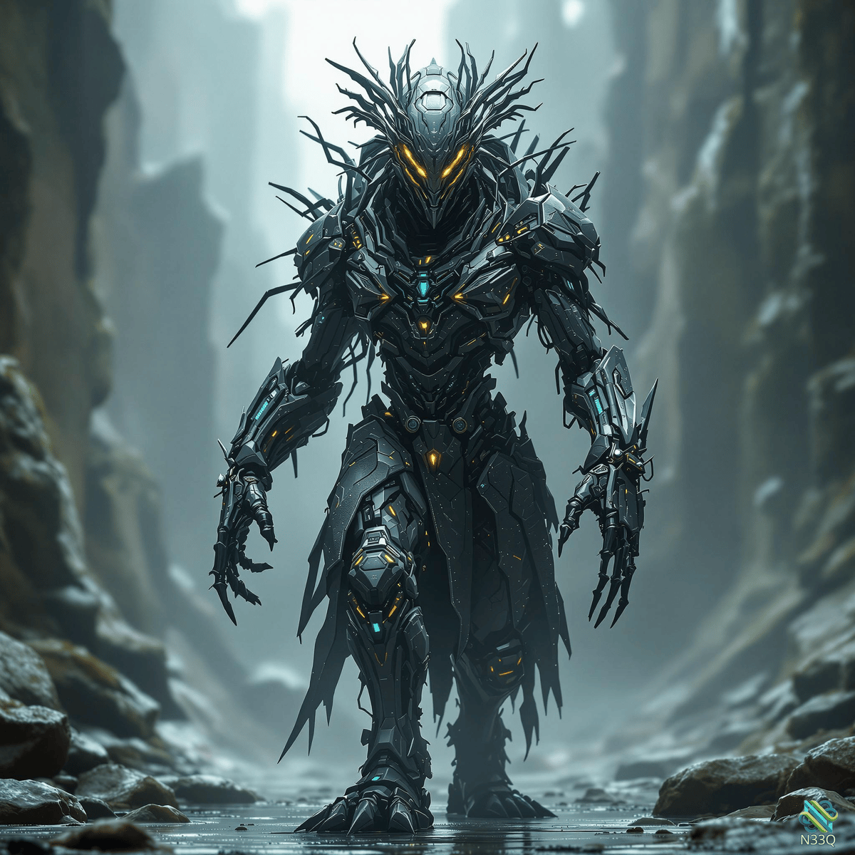 Armored Robot in Misty Rocky Canyon