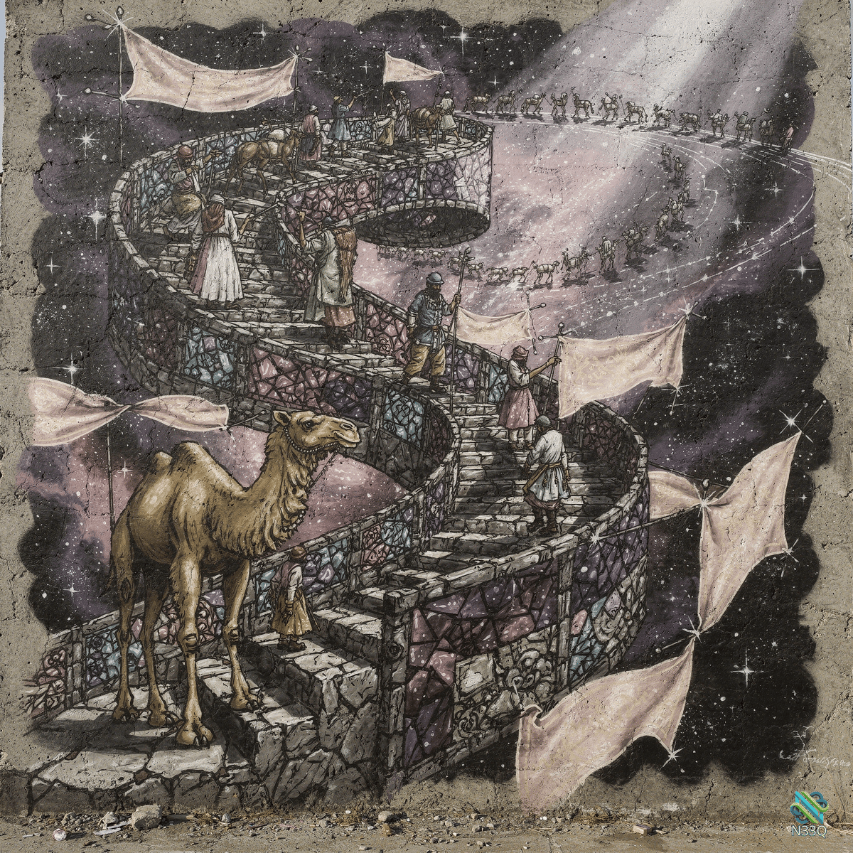 Camel on Spiral Stone Staircase at Night