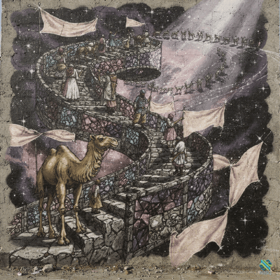 Camel on Spiral Stone Staircase at Night