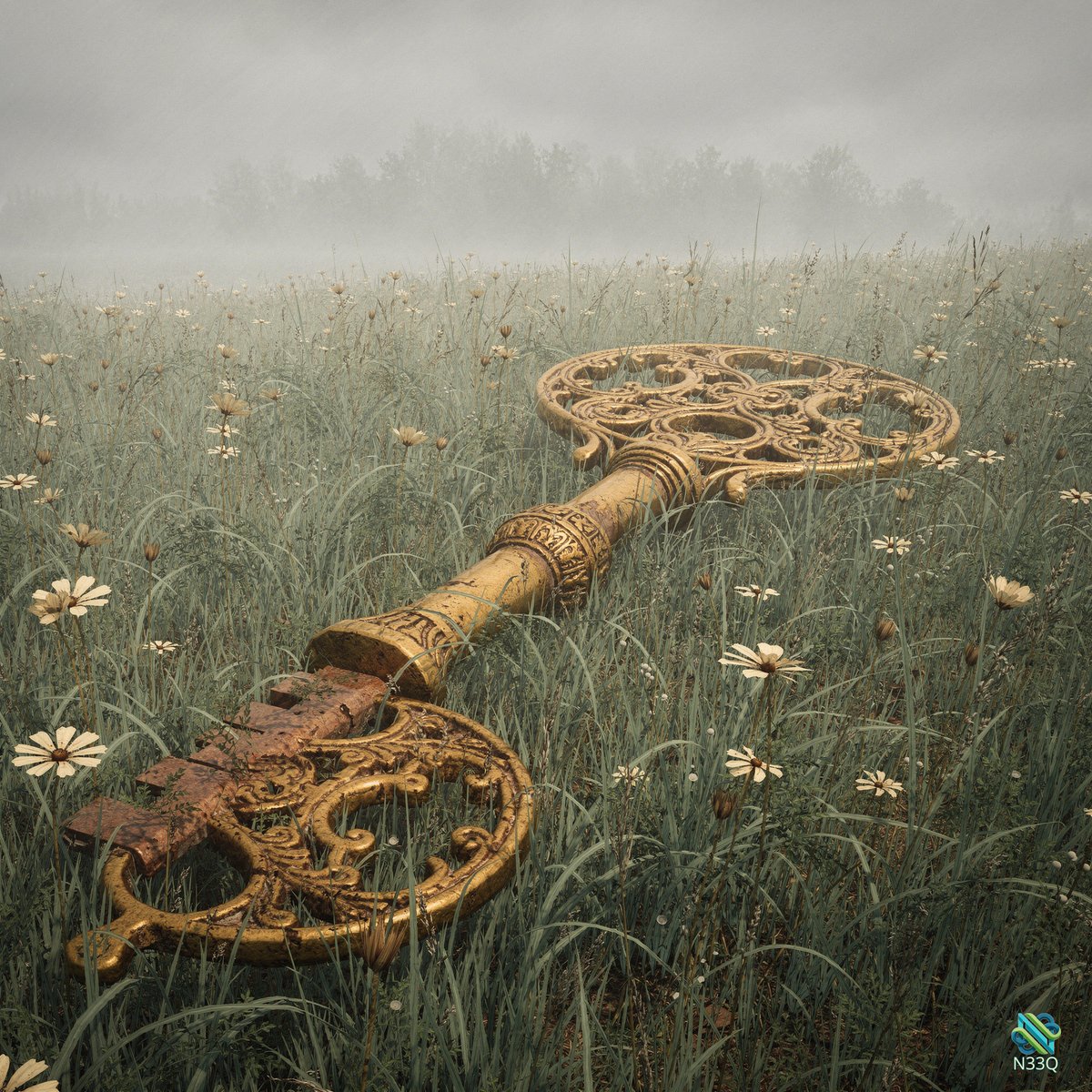 Ornate Golden Key in Foggy Meadow