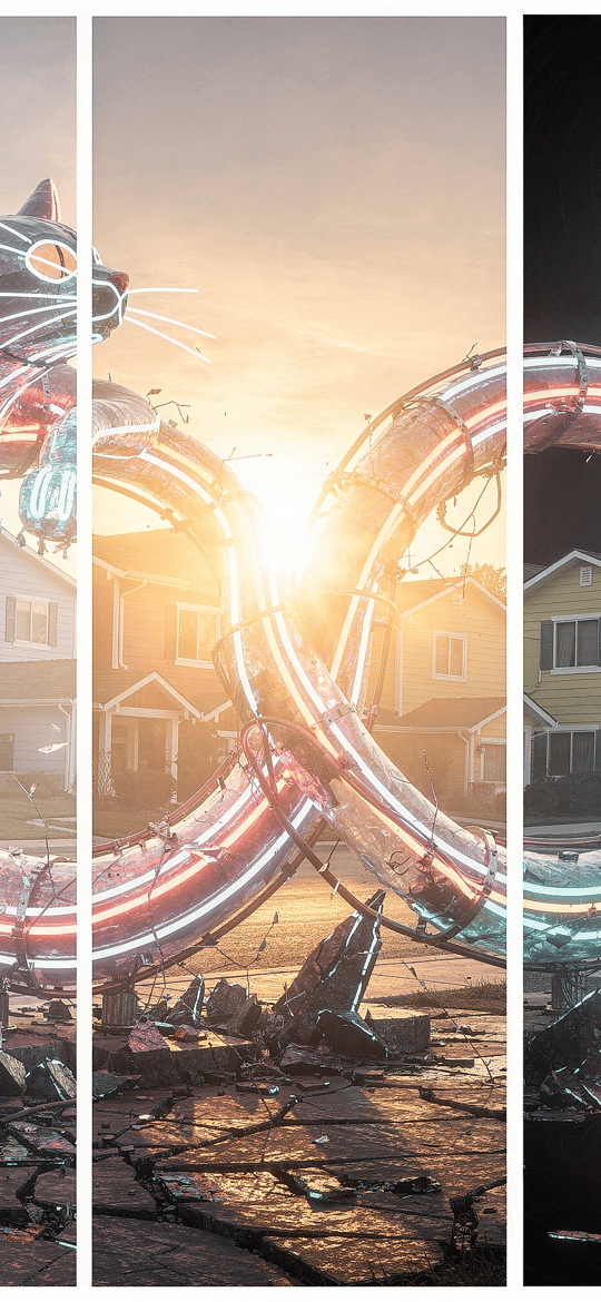 Neon Cat Infinity Sculpture at Sunset
