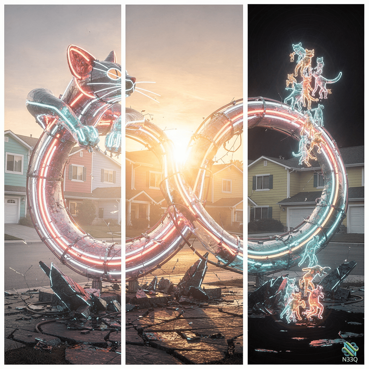 Neon Cat Infinity Sculpture at Sunset