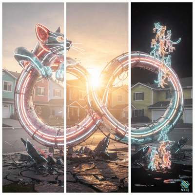 Neon Cat Infinity Sculpture at Sunset