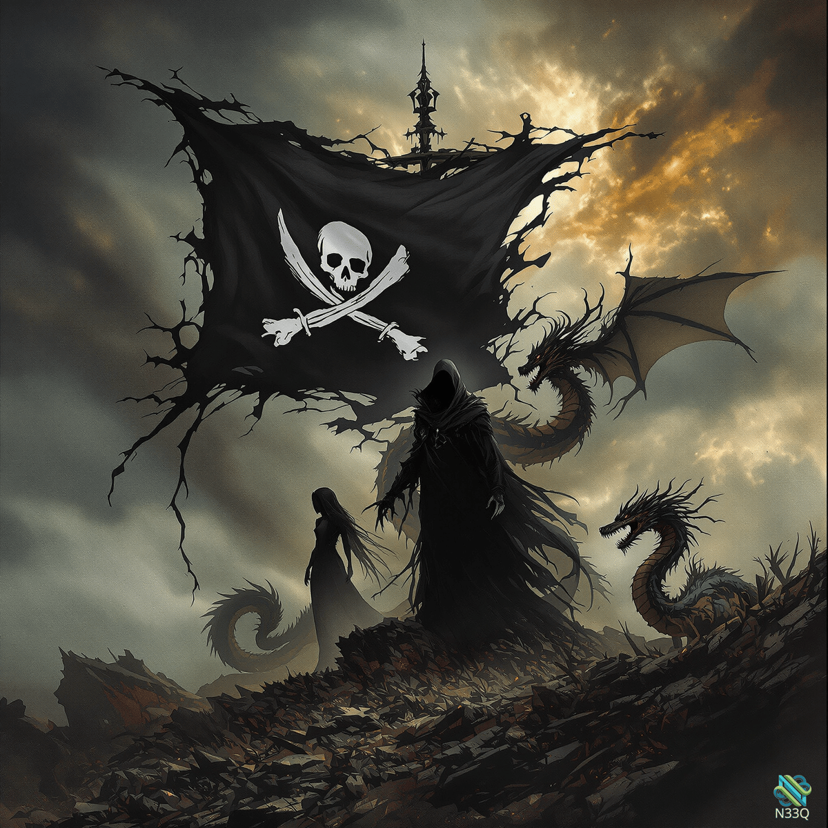Hooded Figure and Dragons Under Pirate Flag
