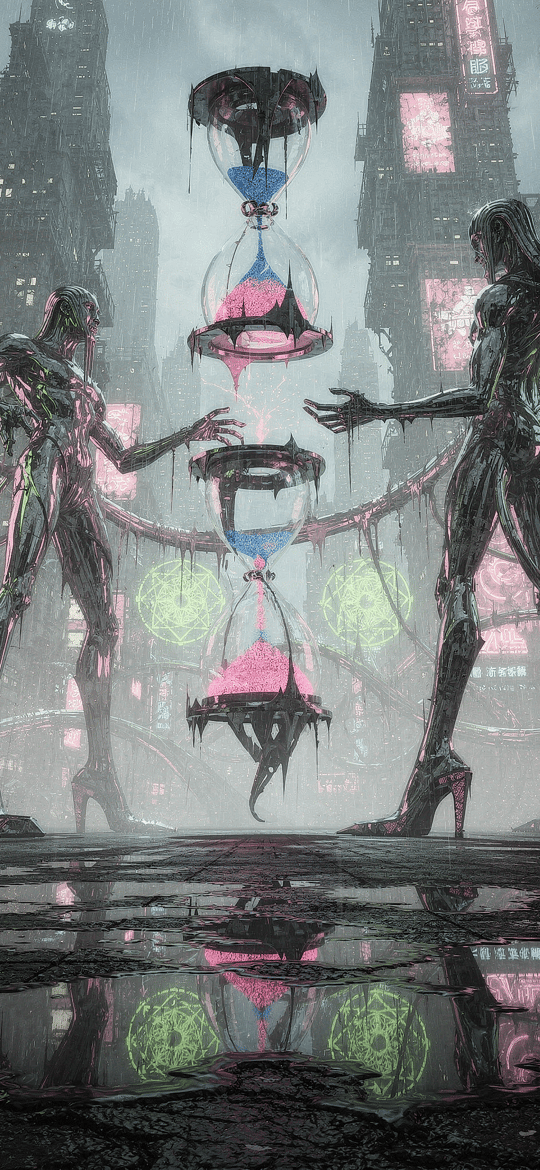 Cybernetic Women with Hourglass in Neon City
