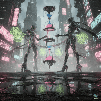 Cybernetic Women with Hourglass in Neon City