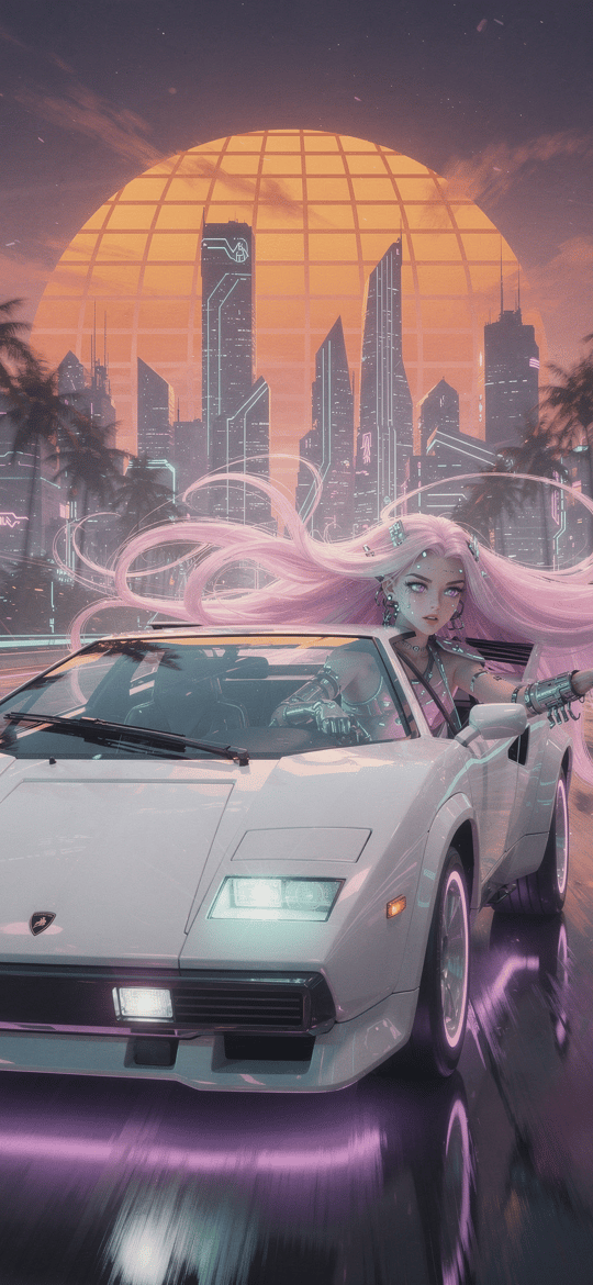 Pink-Haired Woman Driving White Sports Car
