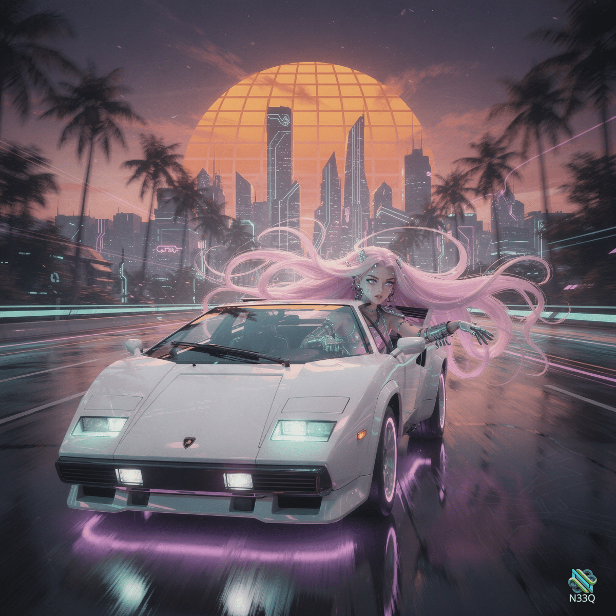 Pink-Haired Woman Driving White Sports Car