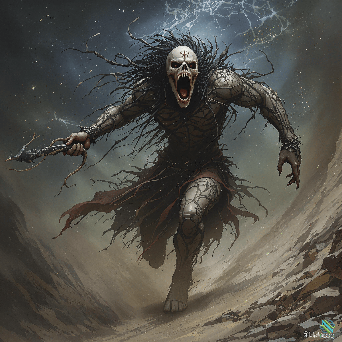 Skeletal Demon Charging Through Lightning Storm