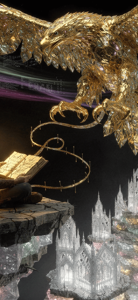 Reader Beneath a Golden Eagle and Crystal Cathedral