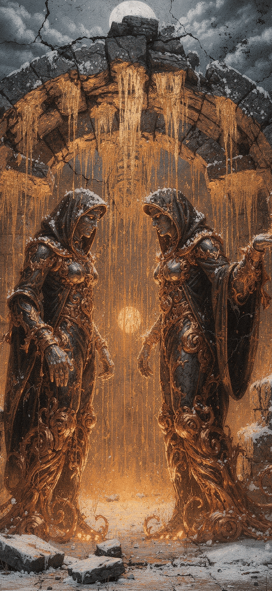 Two Hooded Figures at a Glowing Snowy Stone Arch
